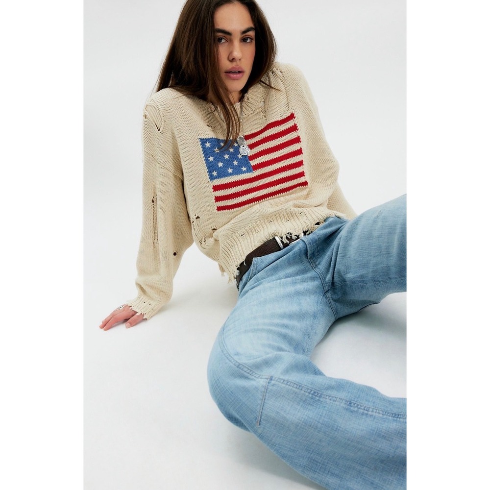 DENIMIST Distressed 🇺🇸 American Flag Knit Ivory Cropped Sweater NWT Size Large‎